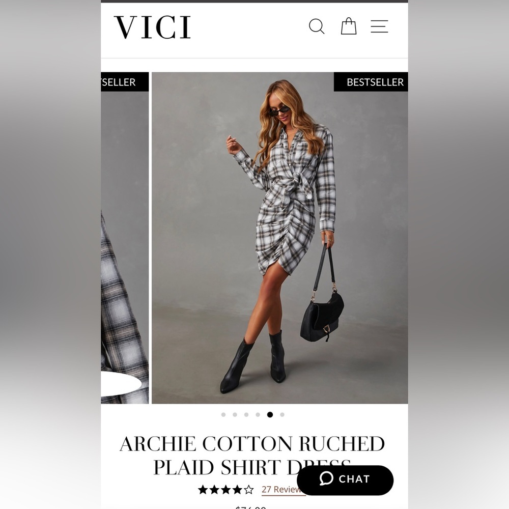 VICI ARCHIE COTTON RUCHED
PLAID SHIRT DRESS